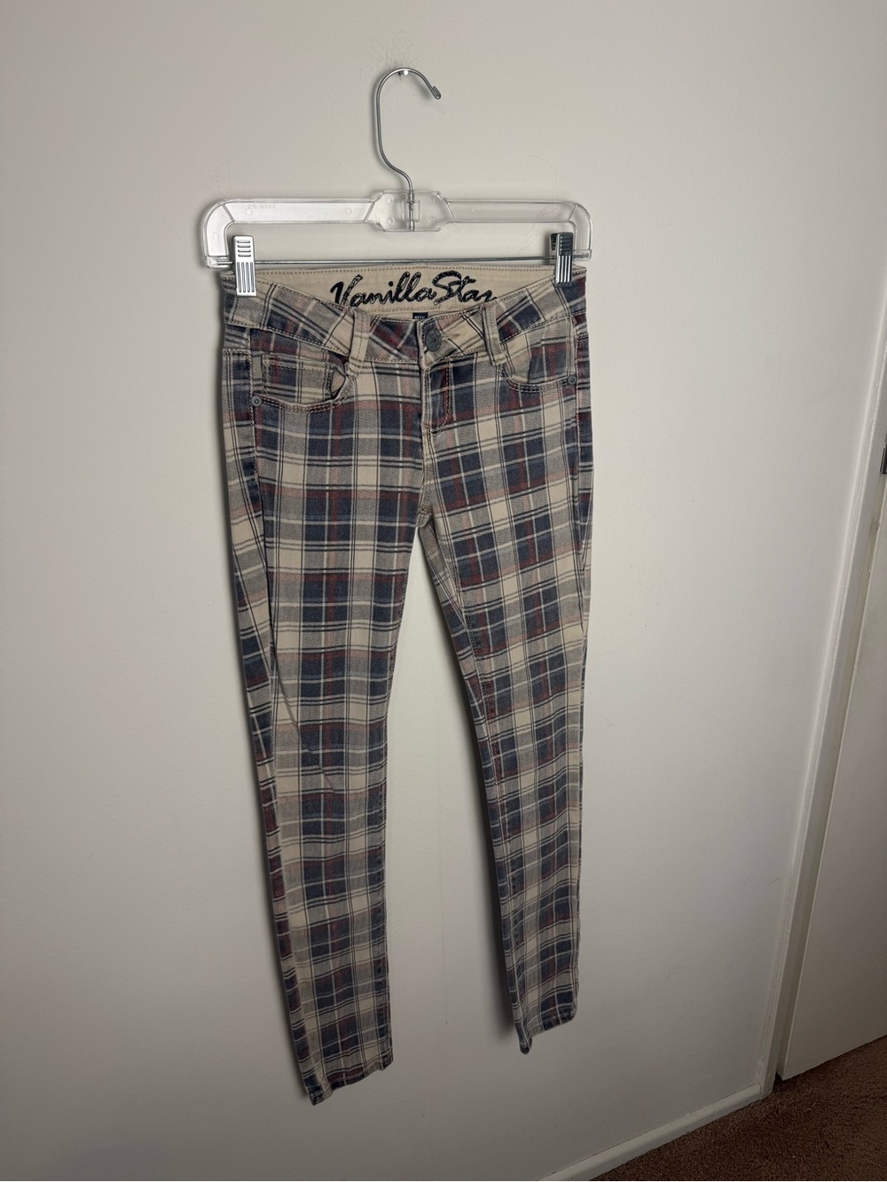 Vanilla Star Y2K Plaid Skinny Pants in Beige, Navy, and Red